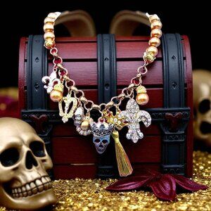 Skull Charm Gold Bead Crowns Heart Fleur de Lis 18" Necklace Gothic Halloween